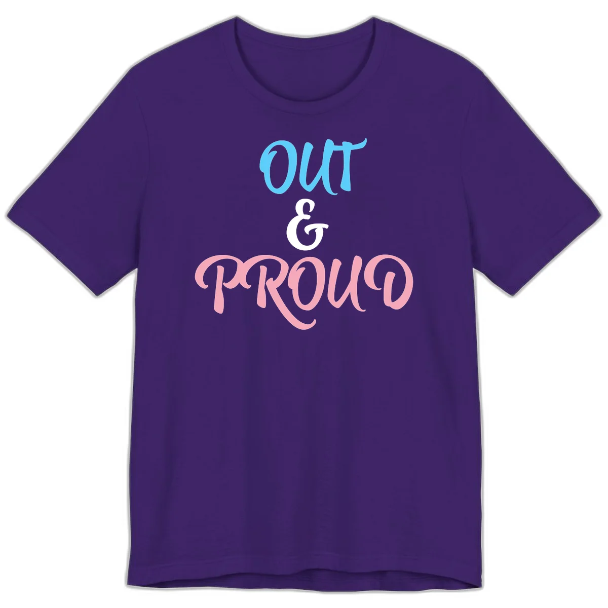 Out and proud pride design with blue 'OUT' text, white ampersand, and pink 'PROUD' lettering on gray background in Team Purple