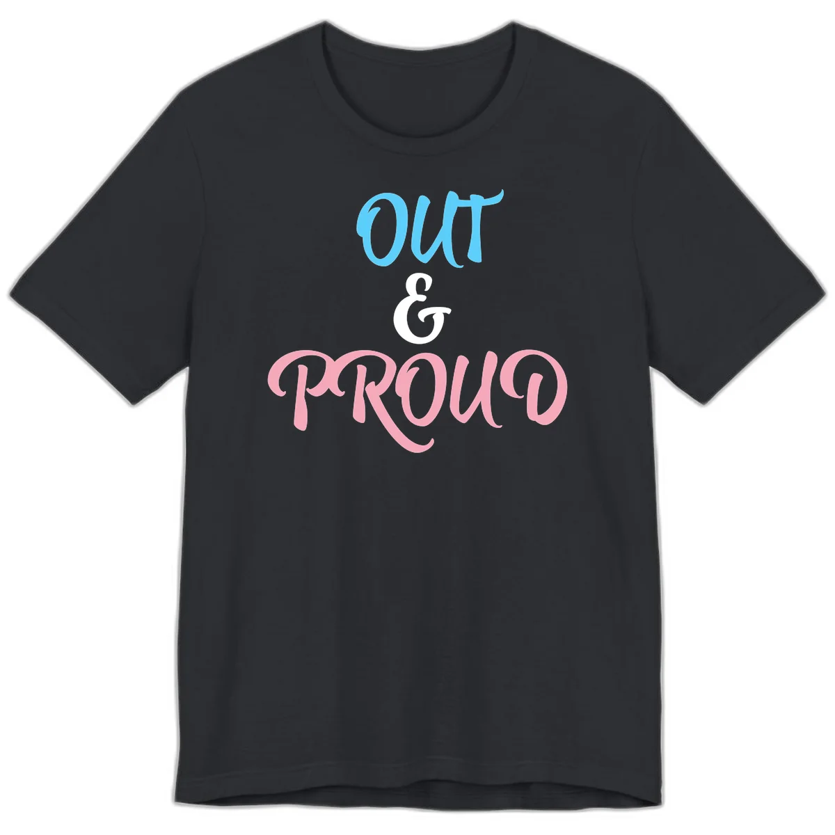 Out and proud pride design with blue 'OUT' text, white ampersand, and pink 'PROUD' lettering on gray background in Vintage Black