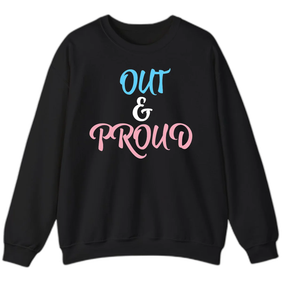 Out and proud pride design with blue 'OUT' text, white ampersand, and pink 'PROUD' lettering on gray background in Black
