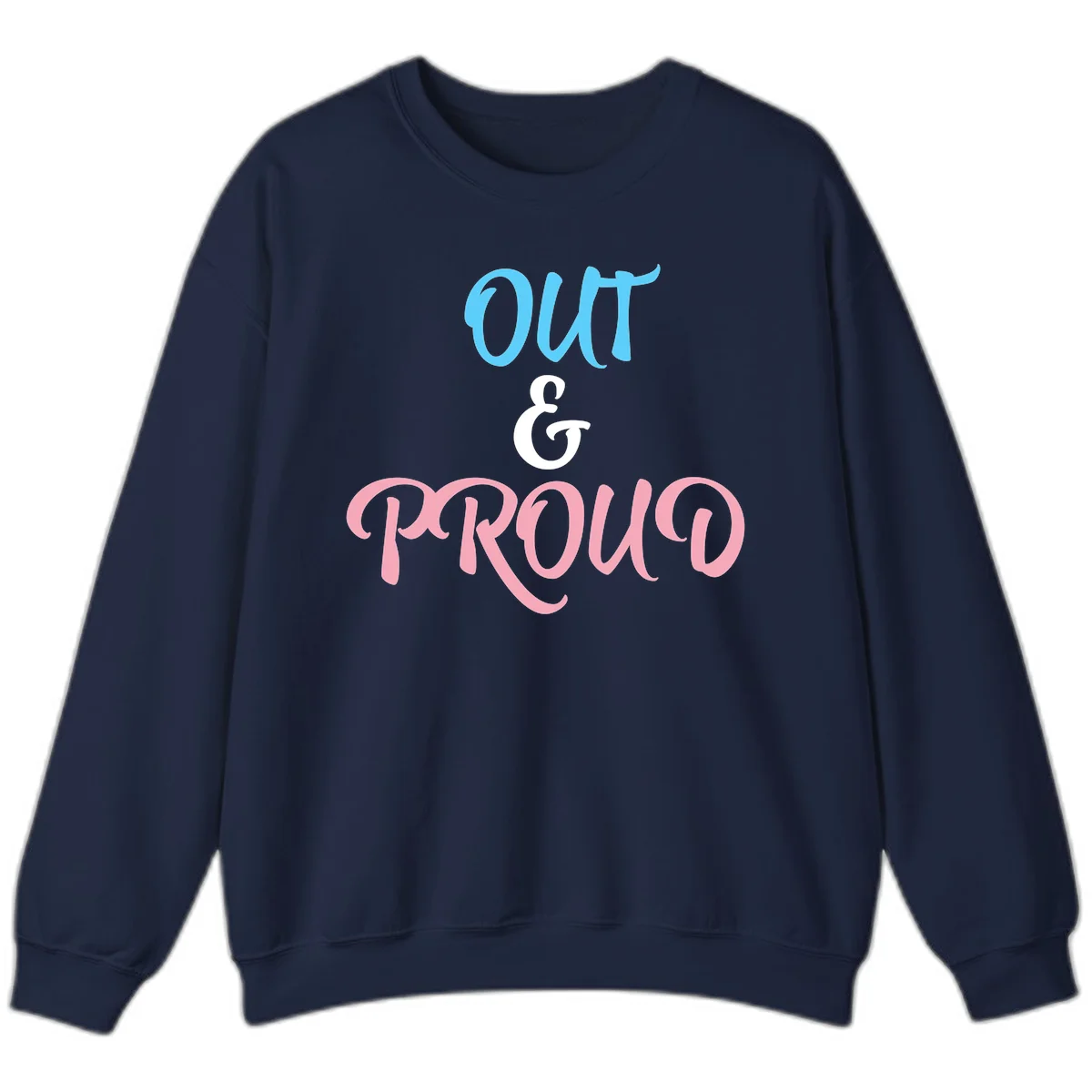 Out and proud pride design with blue 'OUT' text, white ampersand, and pink 'PROUD' lettering on gray background in Navy