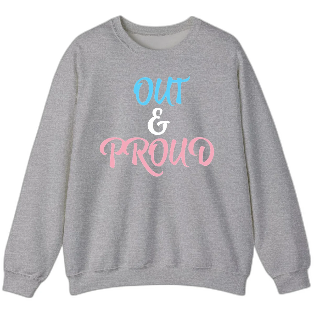 Out and proud pride design with blue 'OUT' text, white ampersand, and pink 'PROUD' lettering on gray background in Sport Grey