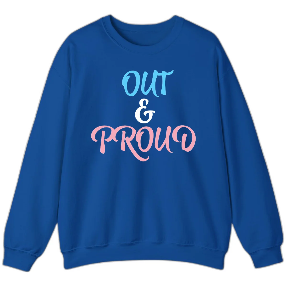 Out and proud pride design with blue 'OUT' text, white ampersand, and pink 'PROUD' lettering on gray background in Royal