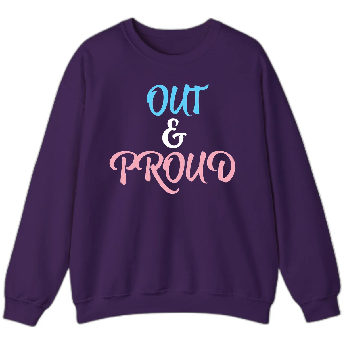 Out and proud pride design with blue 'OUT' text, white ampersand, and pink 'PROUD' lettering on gray background in Purple