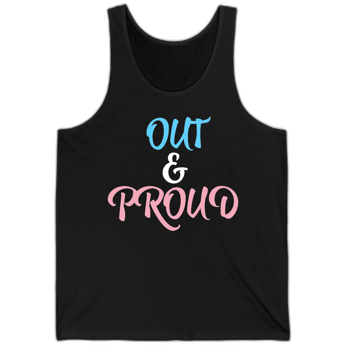 Out and proud pride design with blue 'OUT' text, white ampersand, and pink 'PROUD' lettering on gray background in Black