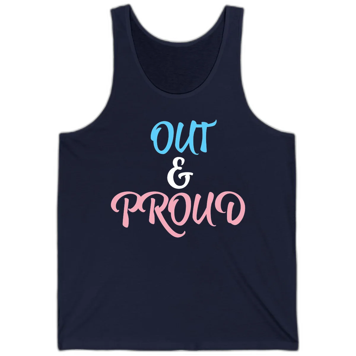 Out and proud pride design with blue 'OUT' text, white ampersand, and pink 'PROUD' lettering on gray background in Navy