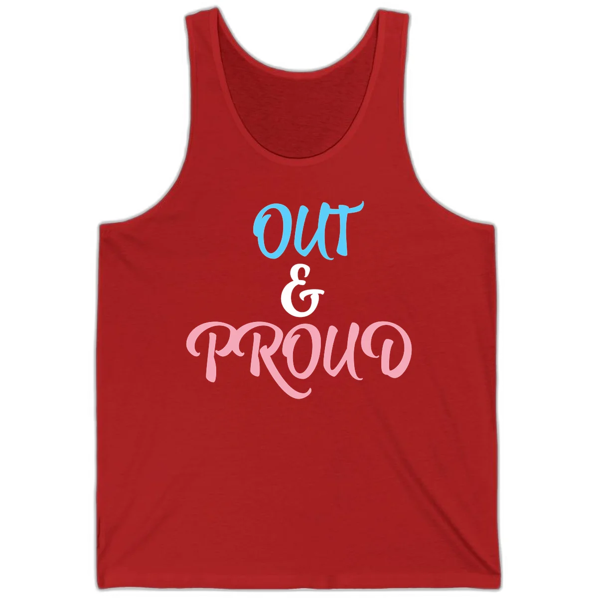 Out and proud pride design with blue 'OUT' text, white ampersand, and pink 'PROUD' lettering on gray background in Red