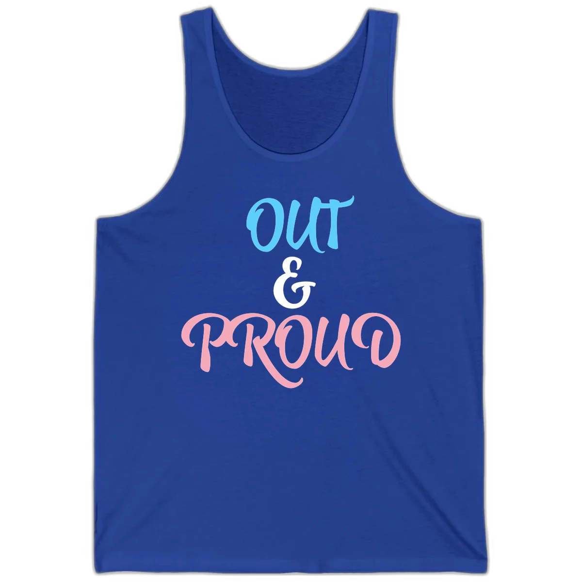 Out and proud pride design with blue 'OUT' text, white ampersand, and pink 'PROUD' lettering on gray background in True Royal