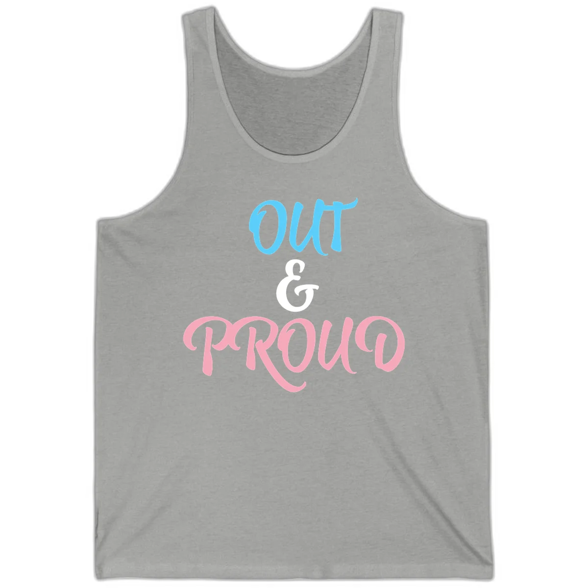 Out and proud pride design with blue 'OUT' text, white ampersand, and pink 'PROUD' lettering on gray background in Athletic Heather