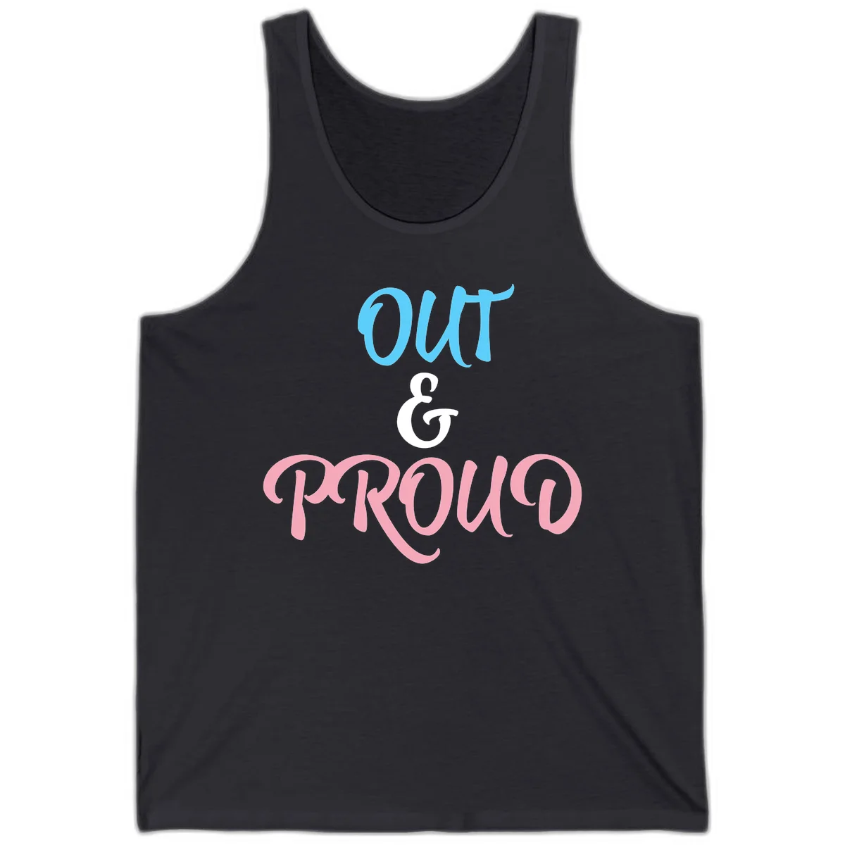 Out and proud pride design with blue 'OUT' text, white ampersand, and pink 'PROUD' lettering on gray background in Dark Grey