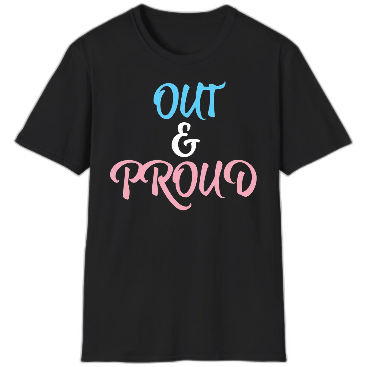 Out and proud pride design with blue 'OUT' text, white ampersand, and pink 'PROUD' lettering on gray background in Black