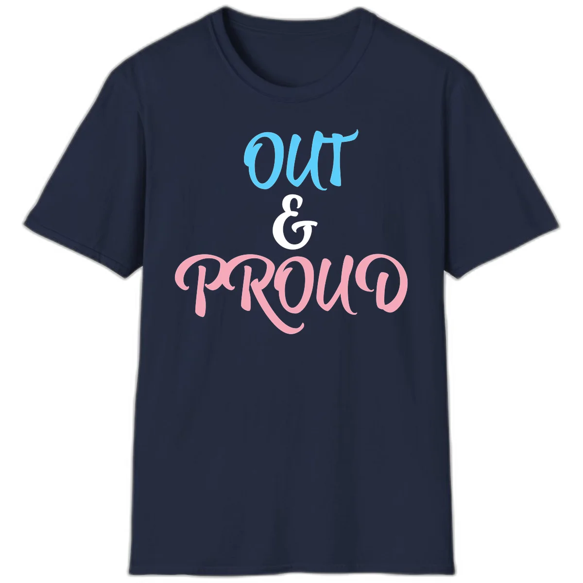 Out and proud pride design with blue 'OUT' text, white ampersand, and pink 'PROUD' lettering on gray background in Navy