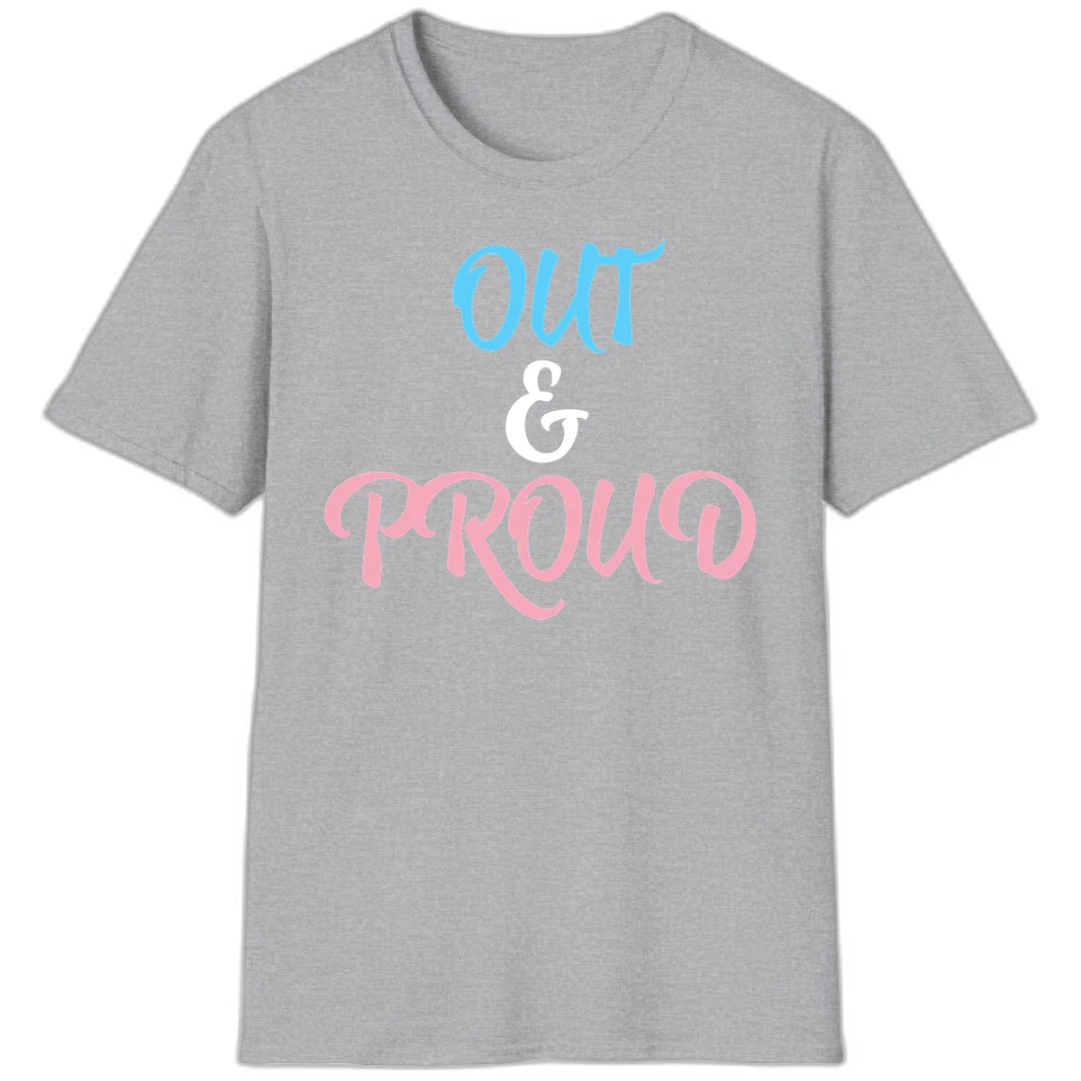 Out and proud pride design with blue 'OUT' text, white ampersand, and pink 'PROUD' lettering on gray background in Sport Grey