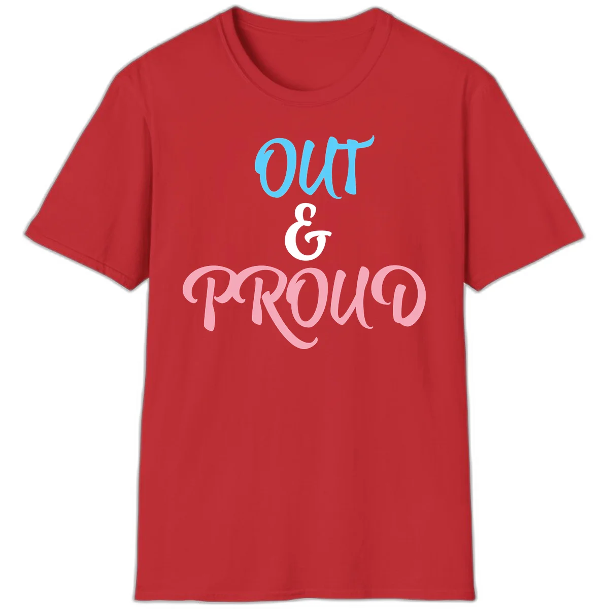 Out and proud pride design with blue 'OUT' text, white ampersand, and pink 'PROUD' lettering on gray background in Red