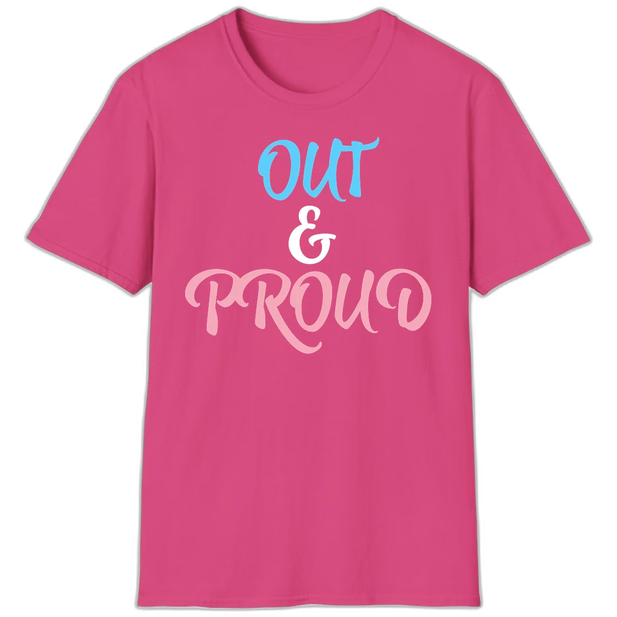 Out and proud pride design with blue 'OUT' text, white ampersand, and pink 'PROUD' lettering on gray background in Heliconia