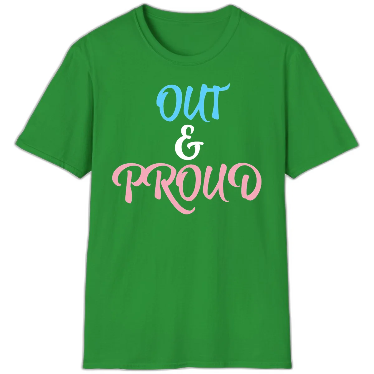 Out and proud pride design with blue 'OUT' text, white ampersand, and pink 'PROUD' lettering on gray background in Irish Green