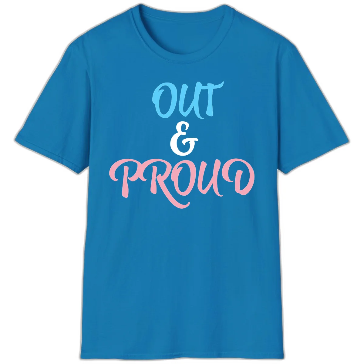 Out and proud pride design with blue 'OUT' text, white ampersand, and pink 'PROUD' lettering on gray background in Sapphire