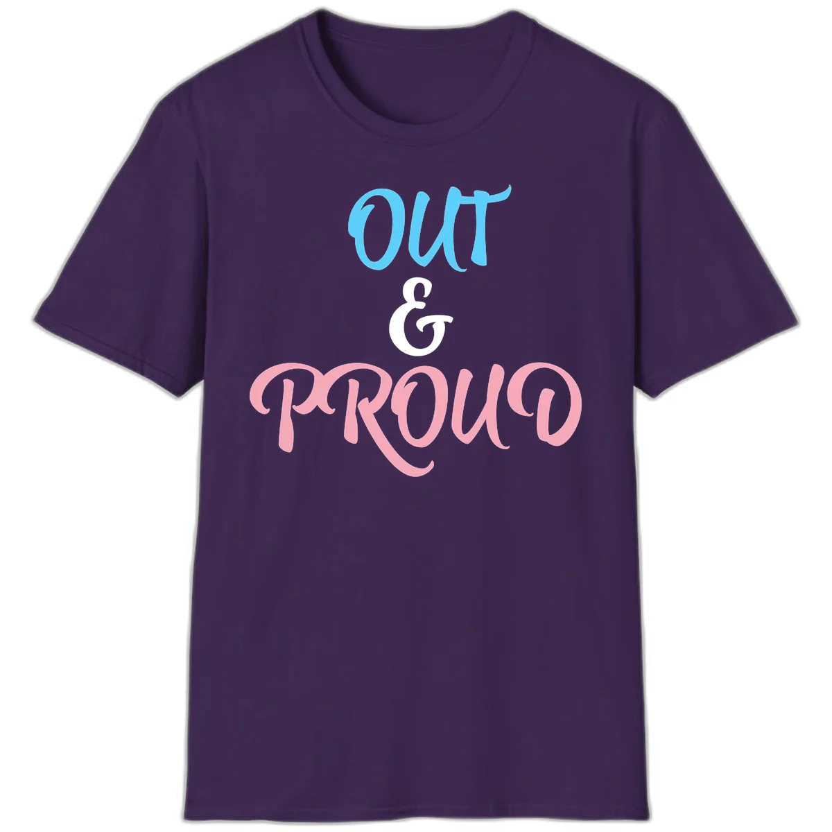 Out and proud pride design with blue 'OUT' text, white ampersand, and pink 'PROUD' lettering on gray background in Purple