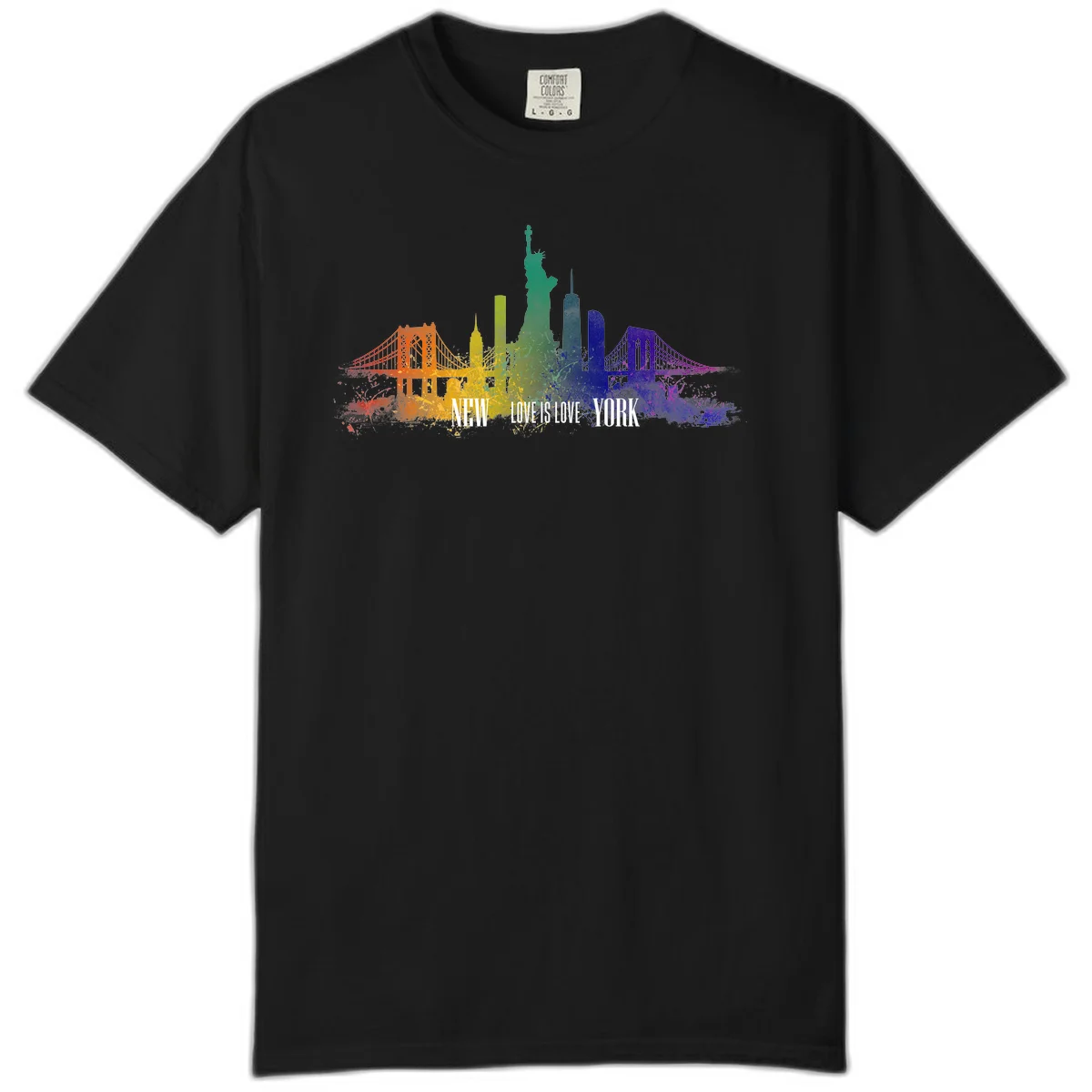 New York skyline with iconic landmarks rendered in rainbow watercolor gradients, featuring 'NEW LOVE IS LOVE YORK' text celebrating LGBTQ+ pride. in Black