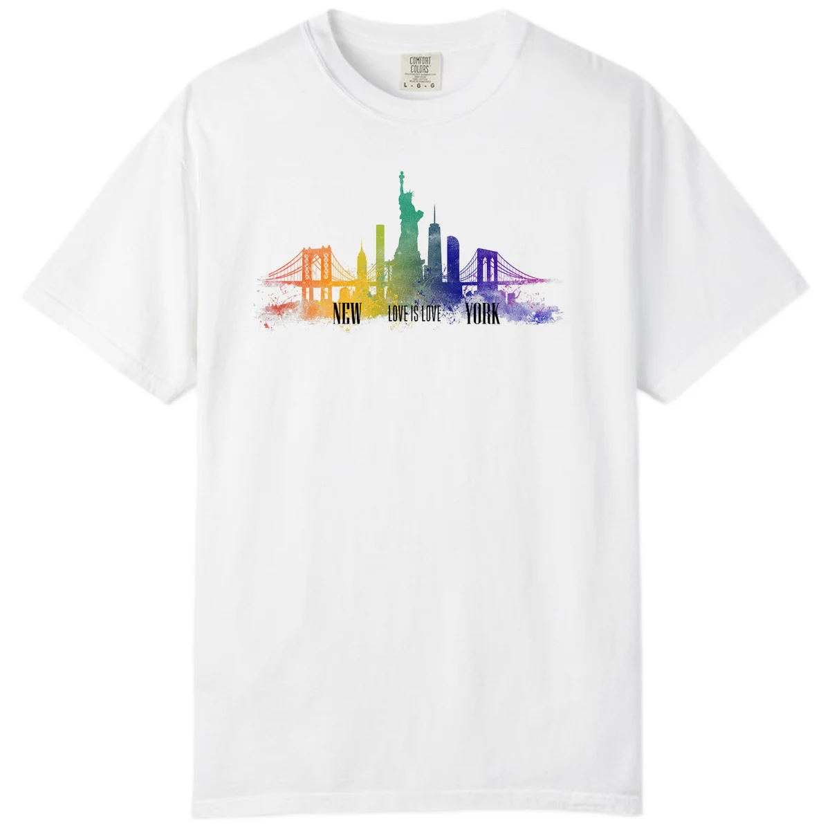 New York skyline with iconic landmarks rendered in rainbow watercolor gradients, featuring 'NEW LOVE IS LOVE YORK' text celebrating LGBTQ+ pride. in White