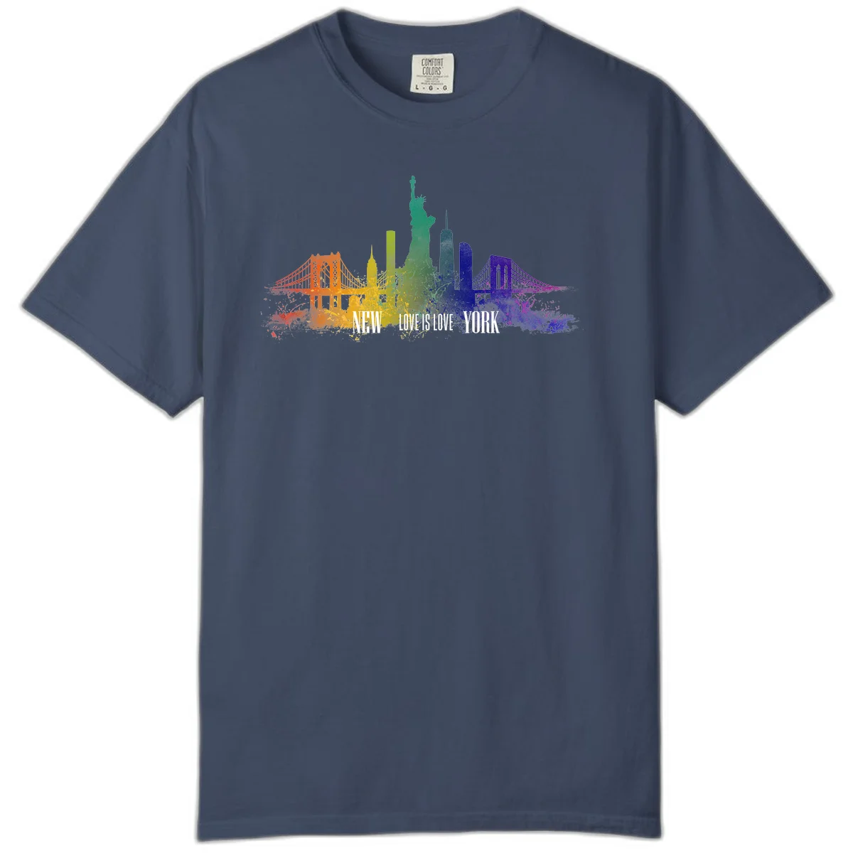New York skyline with iconic landmarks rendered in rainbow watercolor gradients, featuring 'NEW LOVE IS LOVE YORK' text celebrating LGBTQ+ pride. in Midnight