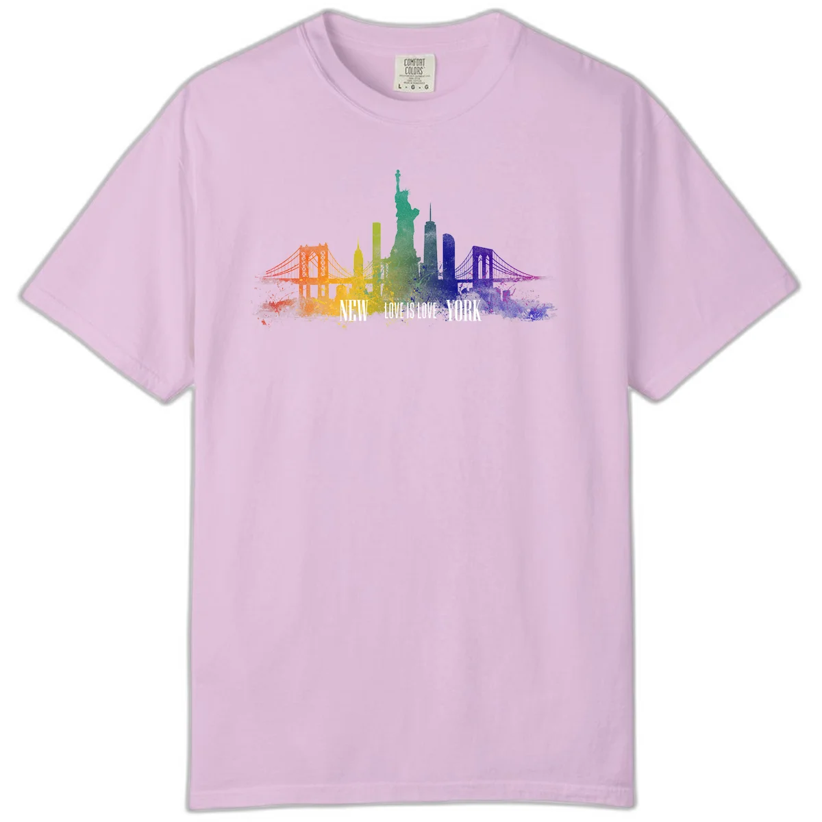 New York skyline with iconic landmarks rendered in rainbow watercolor gradients, featuring 'NEW LOVE IS LOVE YORK' text celebrating LGBTQ+ pride. in Orchid