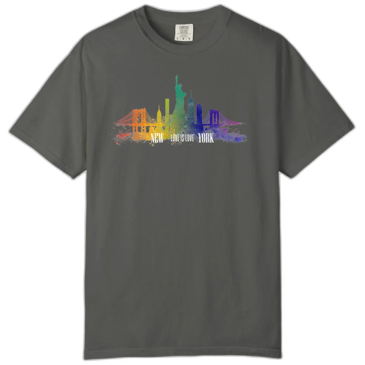 New York skyline with iconic landmarks rendered in rainbow watercolor gradients, featuring 'NEW LOVE IS LOVE YORK' text celebrating LGBTQ+ pride. in Pepper