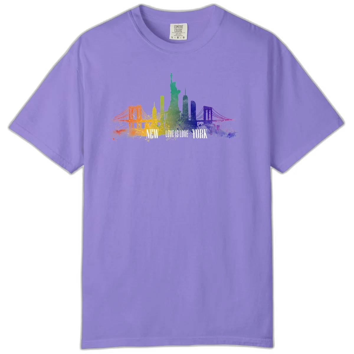 New York skyline with iconic landmarks rendered in rainbow watercolor gradients, featuring 'NEW LOVE IS LOVE YORK' text celebrating LGBTQ+ pride. in Violet