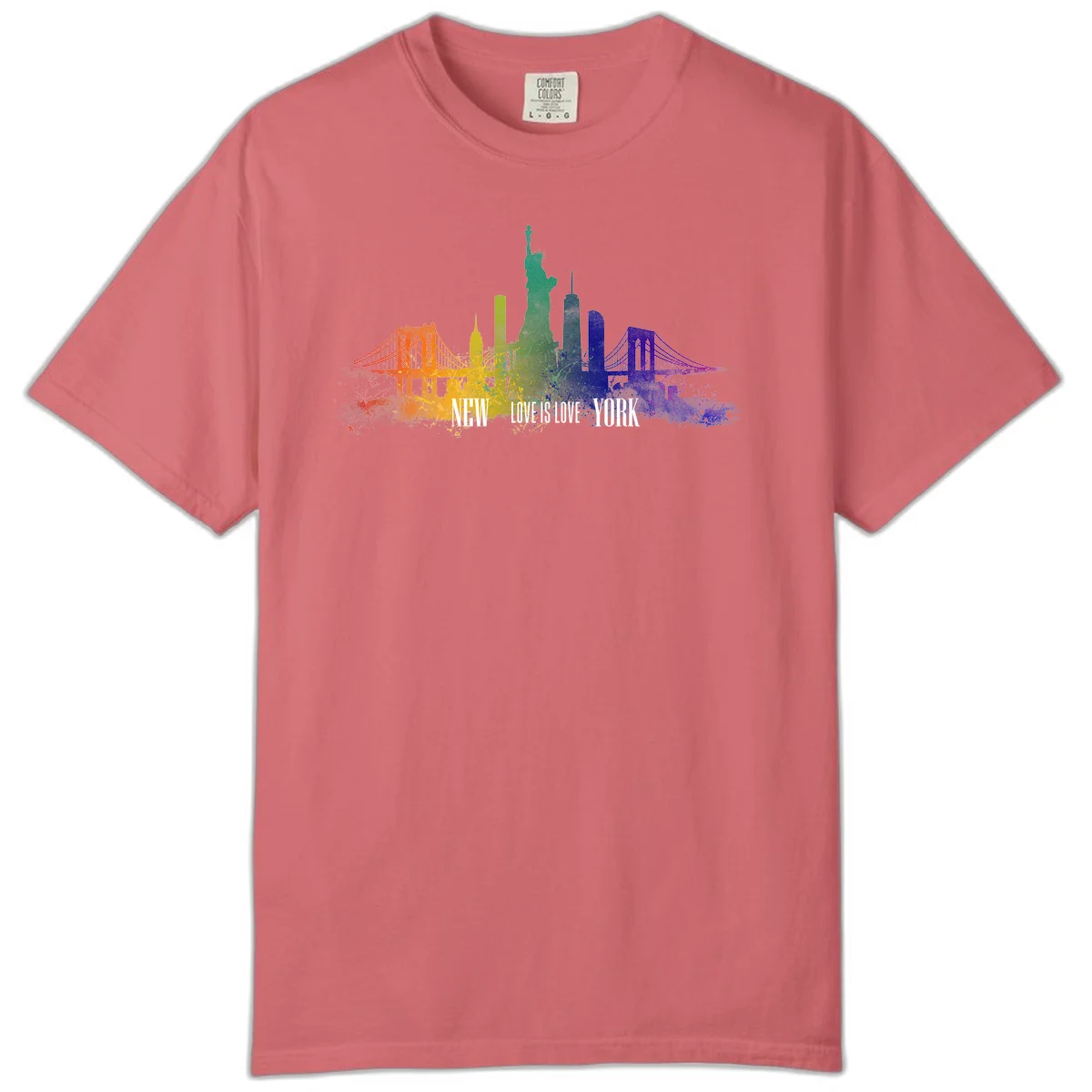 New York skyline with iconic landmarks rendered in rainbow watercolor gradients, featuring 'NEW LOVE IS LOVE YORK' text celebrating LGBTQ+ pride. in Watermelon