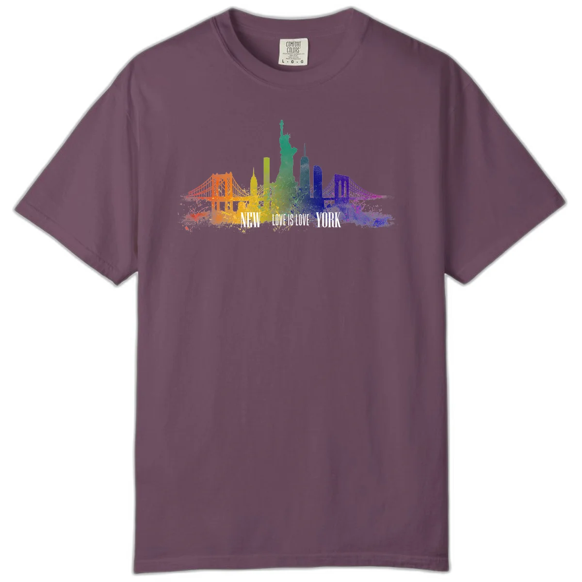 New York skyline with iconic landmarks rendered in rainbow watercolor gradients, featuring 'NEW LOVE IS LOVE YORK' text celebrating LGBTQ+ pride. in Berry