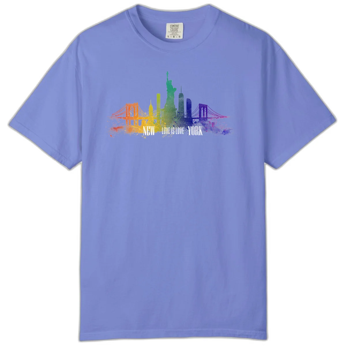 New York skyline with iconic landmarks rendered in rainbow watercolor gradients, featuring 'NEW LOVE IS LOVE YORK' text celebrating LGBTQ+ pride. in Flo Blue