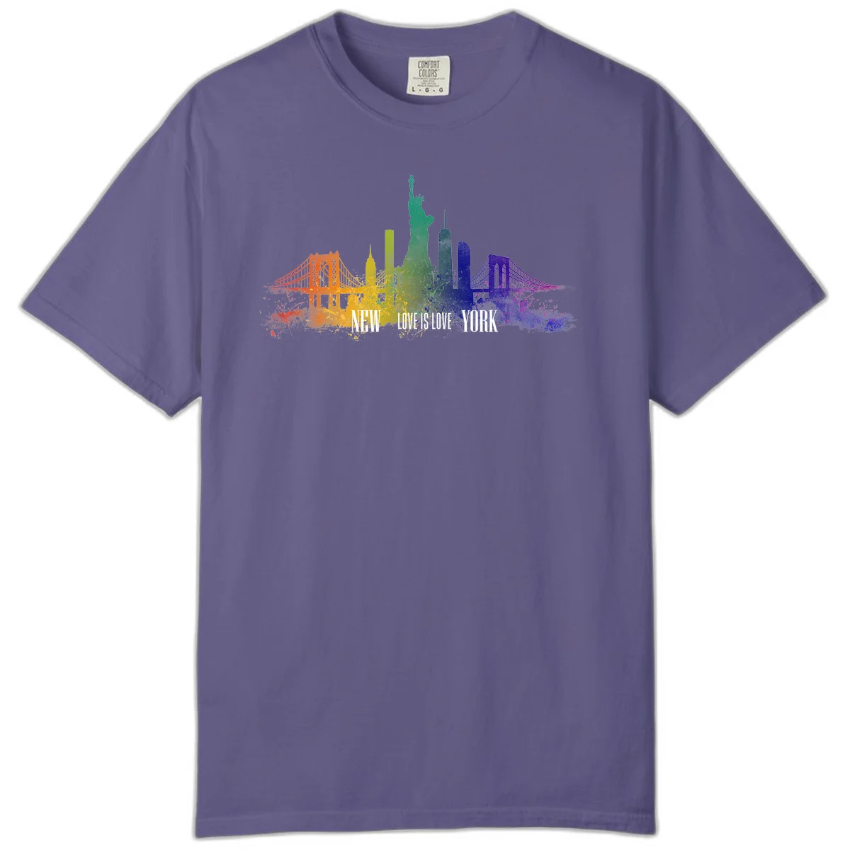 New York skyline with iconic landmarks rendered in rainbow watercolor gradients, featuring 'NEW LOVE IS LOVE YORK' text celebrating LGBTQ+ pride. in Grape