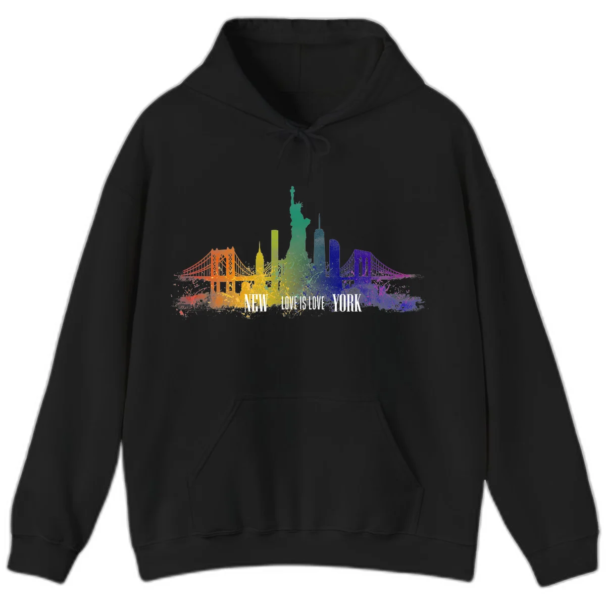 New York skyline with iconic landmarks rendered in rainbow watercolor gradients, featuring 'NEW LOVE IS LOVE YORK' text celebrating LGBTQ+ pride. in Black