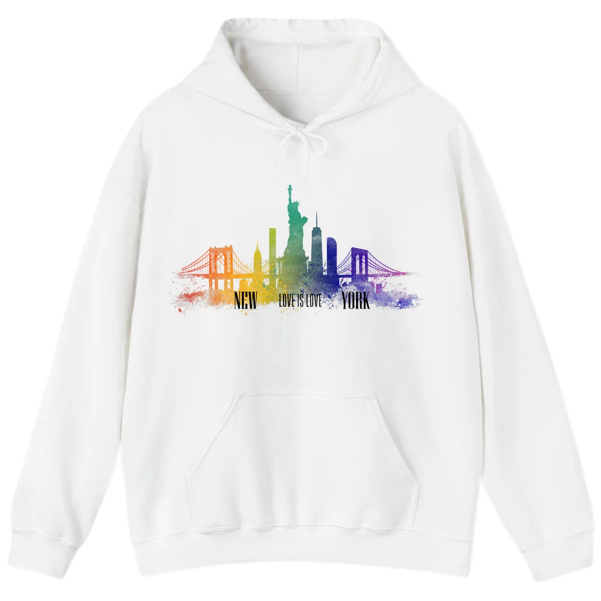 New York skyline with iconic landmarks rendered in rainbow watercolor gradients, featuring 'NEW LOVE IS LOVE YORK' text celebrating LGBTQ+ pride. in White