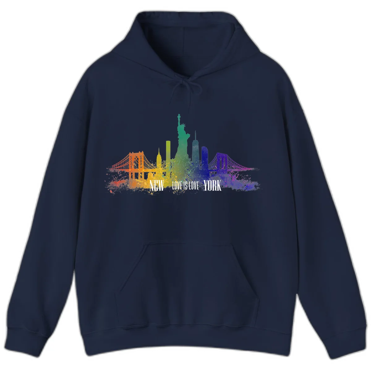 New York skyline with iconic landmarks rendered in rainbow watercolor gradients, featuring 'NEW LOVE IS LOVE YORK' text celebrating LGBTQ+ pride. in Navy
