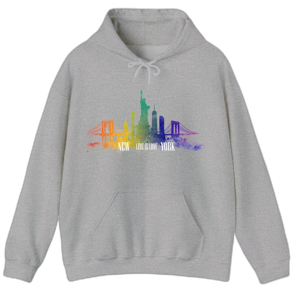 New York skyline with iconic landmarks rendered in rainbow watercolor gradients, featuring 'NEW LOVE IS LOVE YORK' text celebrating LGBTQ+ pride. in Sport Grey