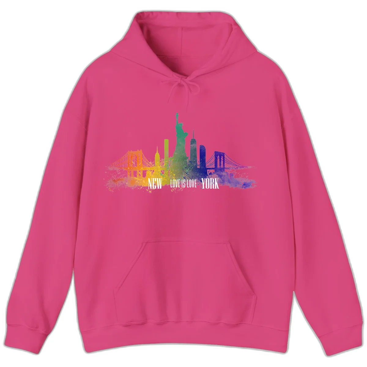 New York skyline with iconic landmarks rendered in rainbow watercolor gradients, featuring 'NEW LOVE IS LOVE YORK' text celebrating LGBTQ+ pride. in Heliconia