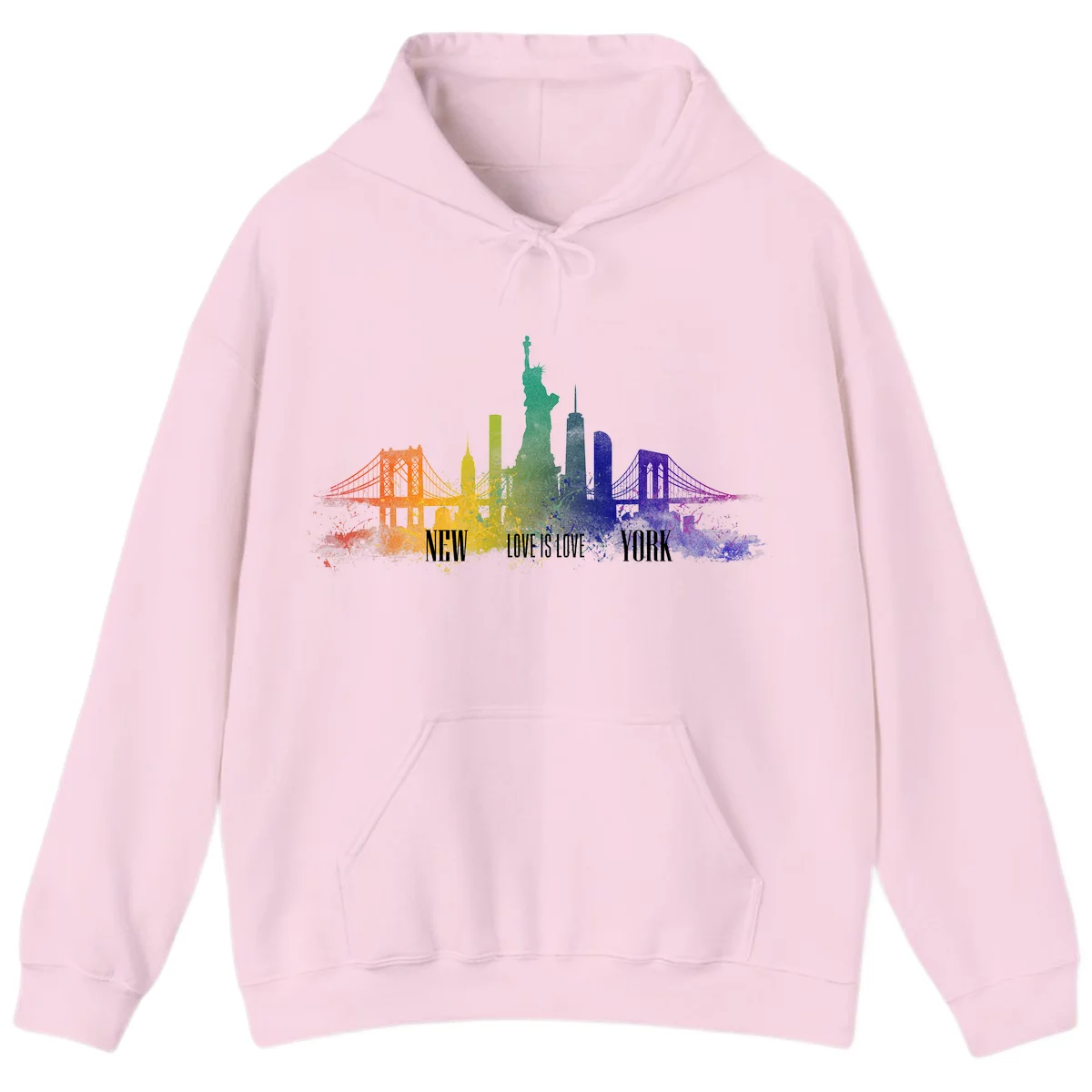 New York skyline with iconic landmarks rendered in rainbow watercolor gradients, featuring 'NEW LOVE IS LOVE YORK' text celebrating LGBTQ+ pride. in Light Pink