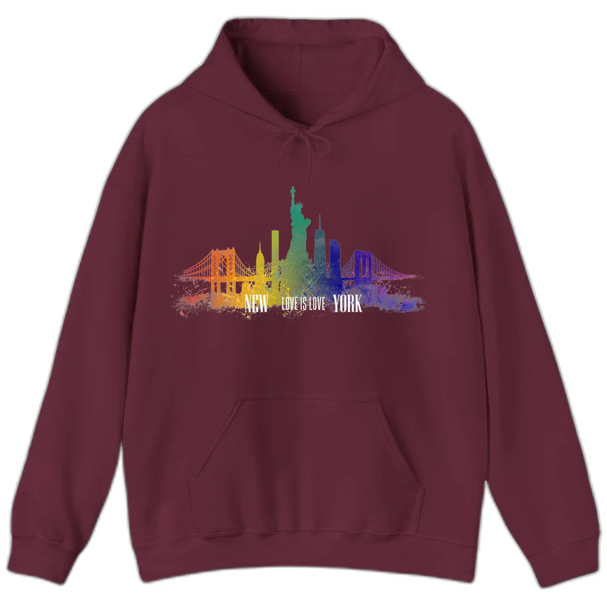 New York skyline with iconic landmarks rendered in rainbow watercolor gradients, featuring 'NEW LOVE IS LOVE YORK' text celebrating LGBTQ+ pride. in Maroon