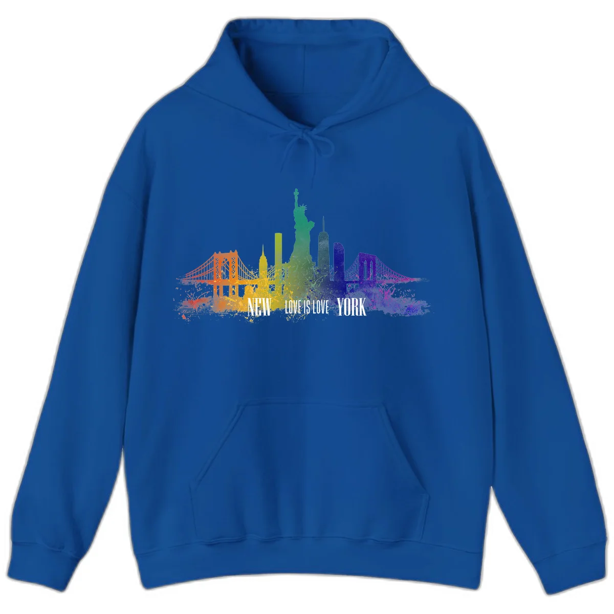 New York skyline with iconic landmarks rendered in rainbow watercolor gradients, featuring 'NEW LOVE IS LOVE YORK' text celebrating LGBTQ+ pride. in Royal