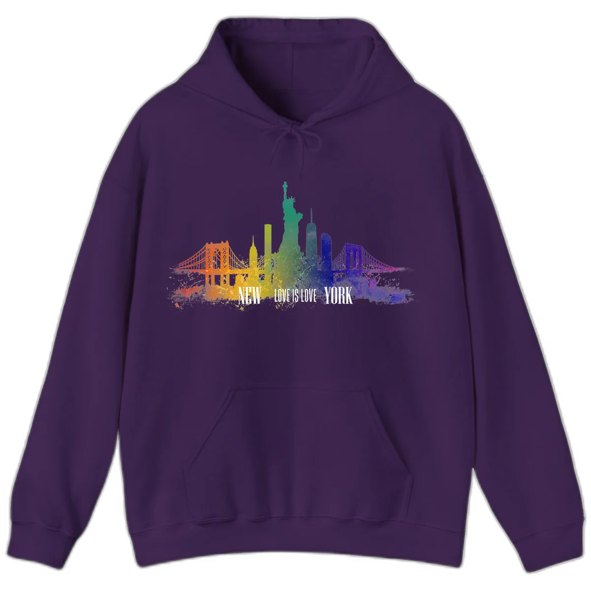 New York skyline with iconic landmarks rendered in rainbow watercolor gradients, featuring 'NEW LOVE IS LOVE YORK' text celebrating LGBTQ+ pride. in Purple