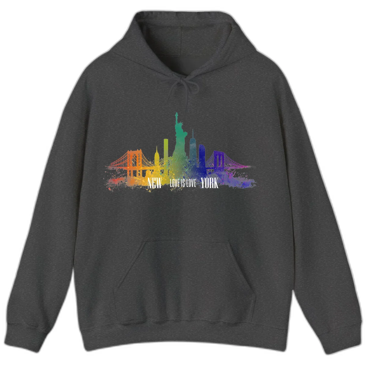 New York skyline with iconic landmarks rendered in rainbow watercolor gradients, featuring 'NEW LOVE IS LOVE YORK' text celebrating LGBTQ+ pride. in Dark Heather