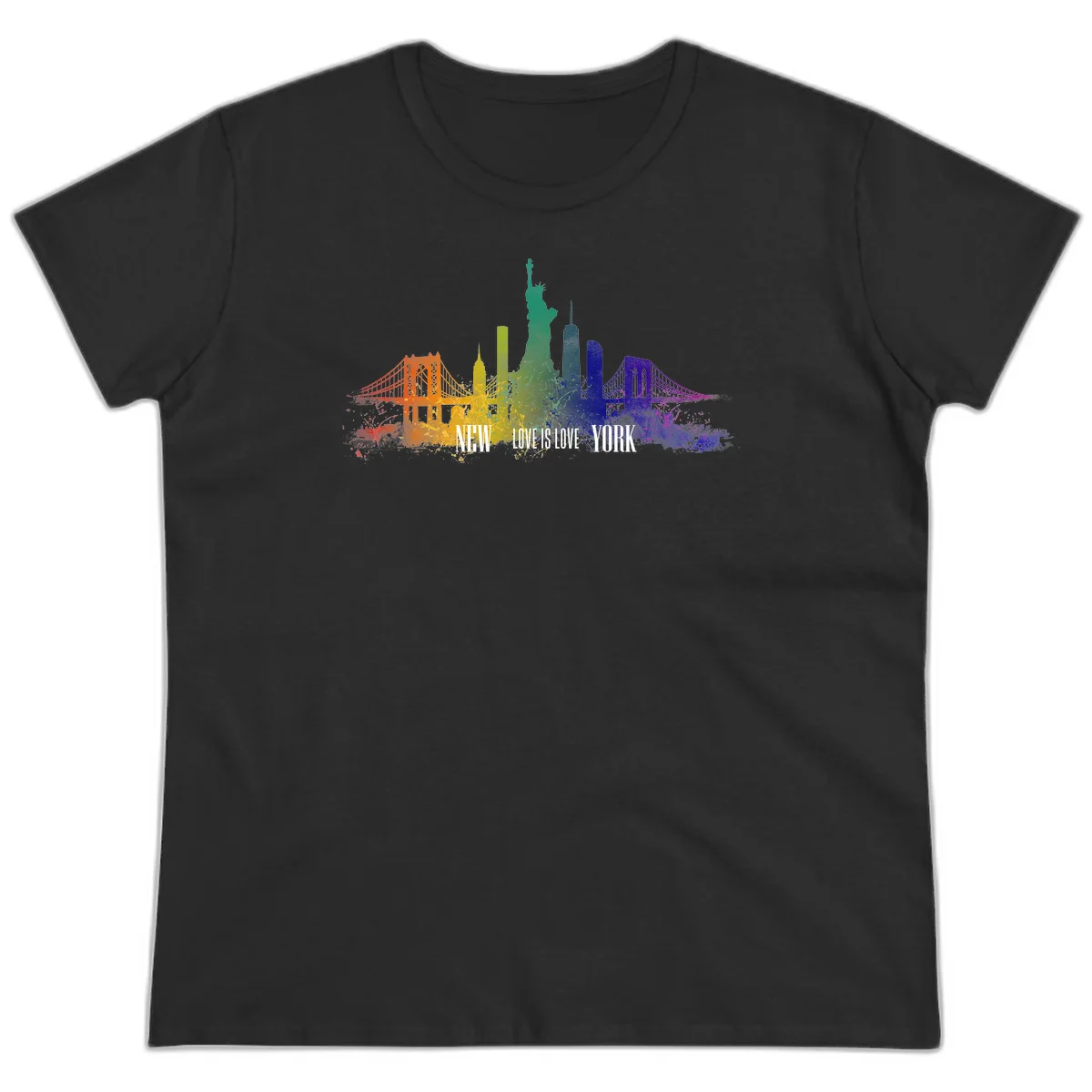 New York skyline with iconic landmarks rendered in rainbow watercolor gradients, featuring 'NEW LOVE IS LOVE YORK' text celebrating LGBTQ+ pride. in Black