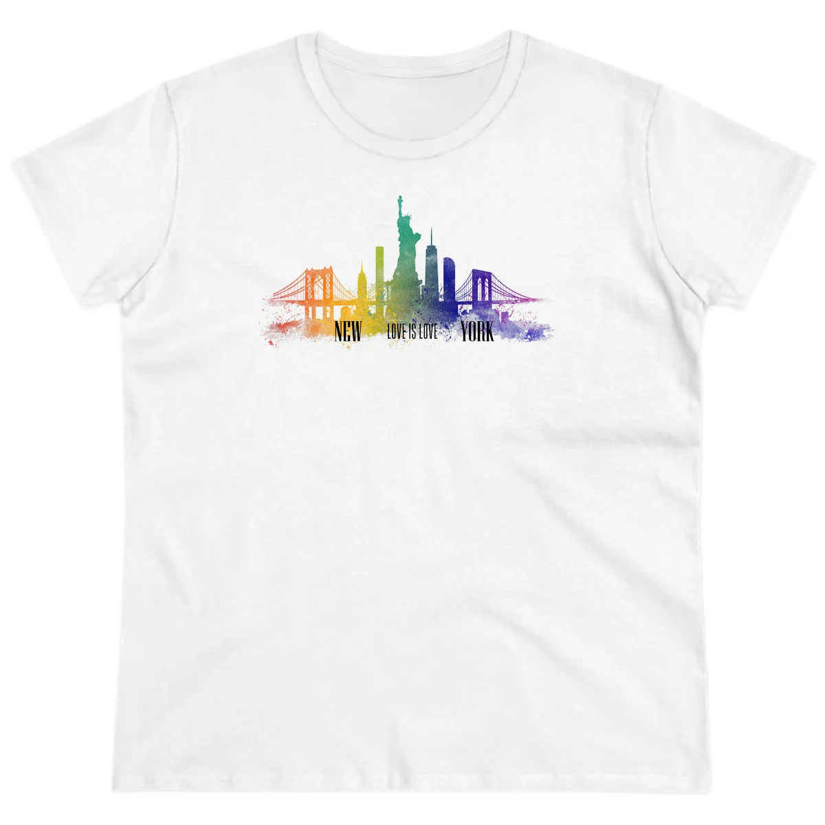 New York skyline with iconic landmarks rendered in rainbow watercolor gradients, featuring 'NEW LOVE IS LOVE YORK' text celebrating LGBTQ+ pride. in White