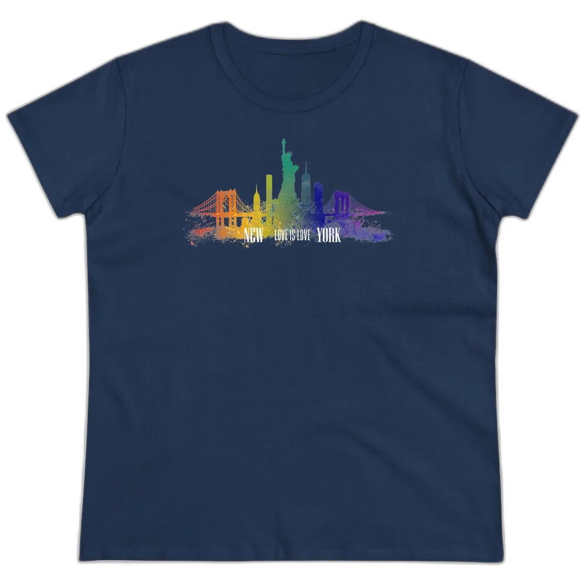 New York skyline with iconic landmarks rendered in rainbow watercolor gradients, featuring 'NEW LOVE IS LOVE YORK' text celebrating LGBTQ+ pride. in Navy