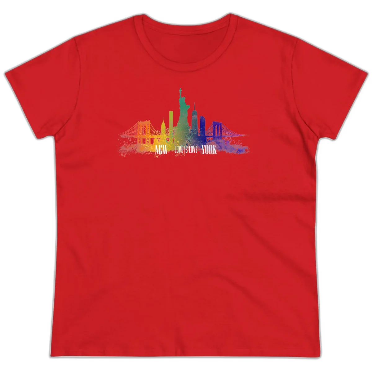 New York skyline with iconic landmarks rendered in rainbow watercolor gradients, featuring 'NEW LOVE IS LOVE YORK' text celebrating LGBTQ+ pride. in Red