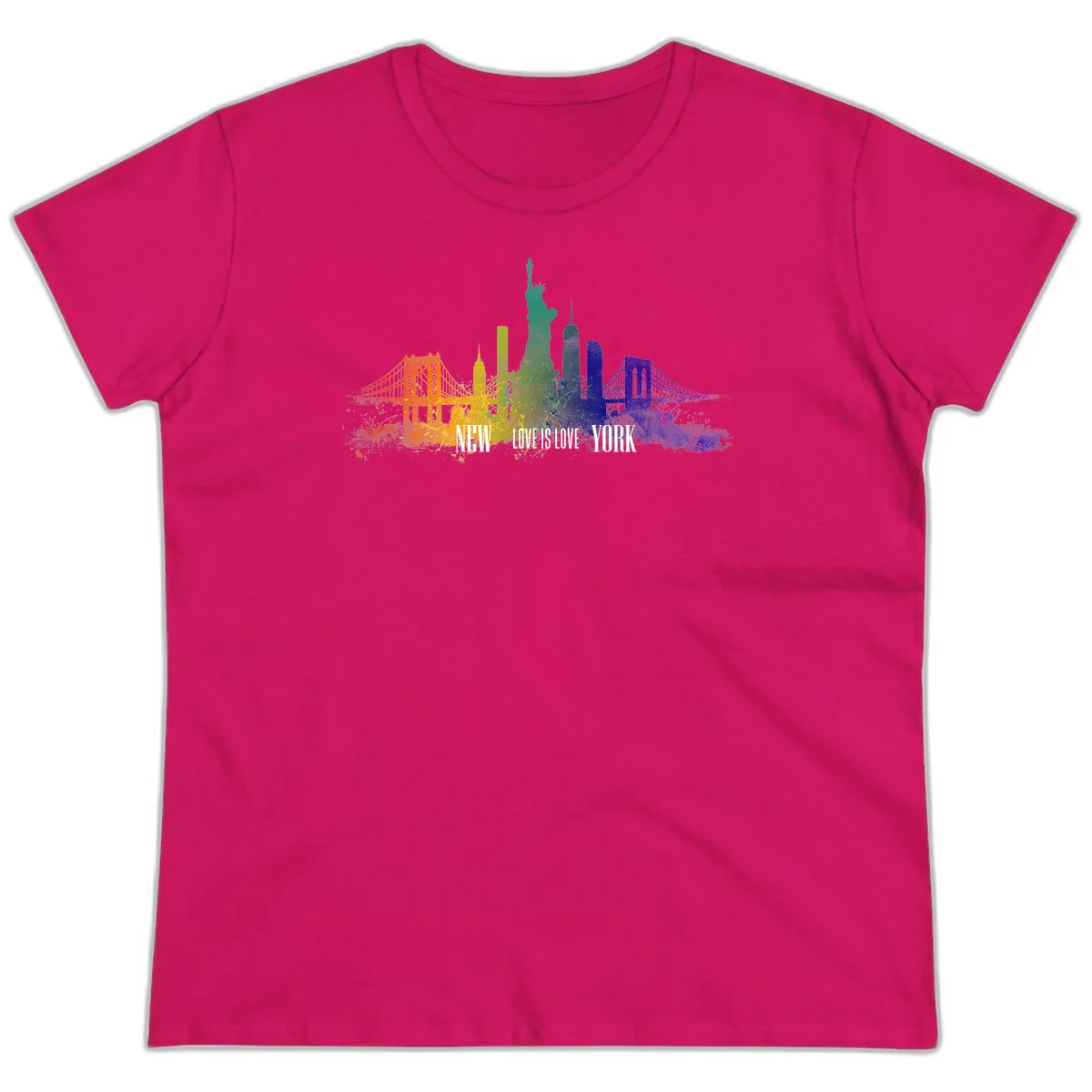 New York skyline with iconic landmarks rendered in rainbow watercolor gradients, featuring 'NEW LOVE IS LOVE YORK' text celebrating LGBTQ+ pride. in Heliconia