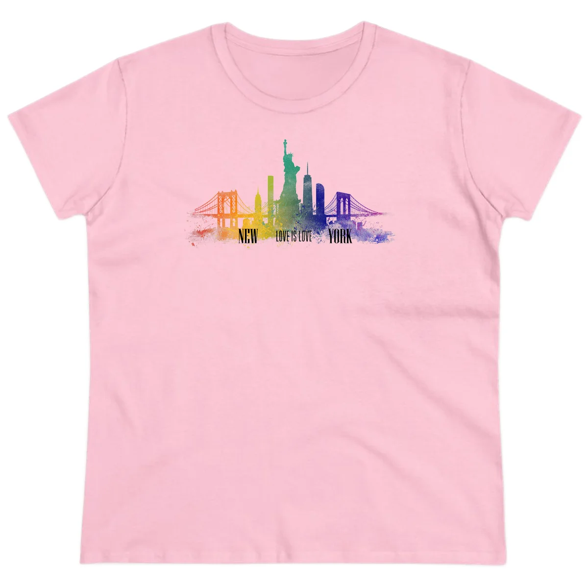 New York skyline with iconic landmarks rendered in rainbow watercolor gradients, featuring 'NEW LOVE IS LOVE YORK' text celebrating LGBTQ+ pride. in Light Pink