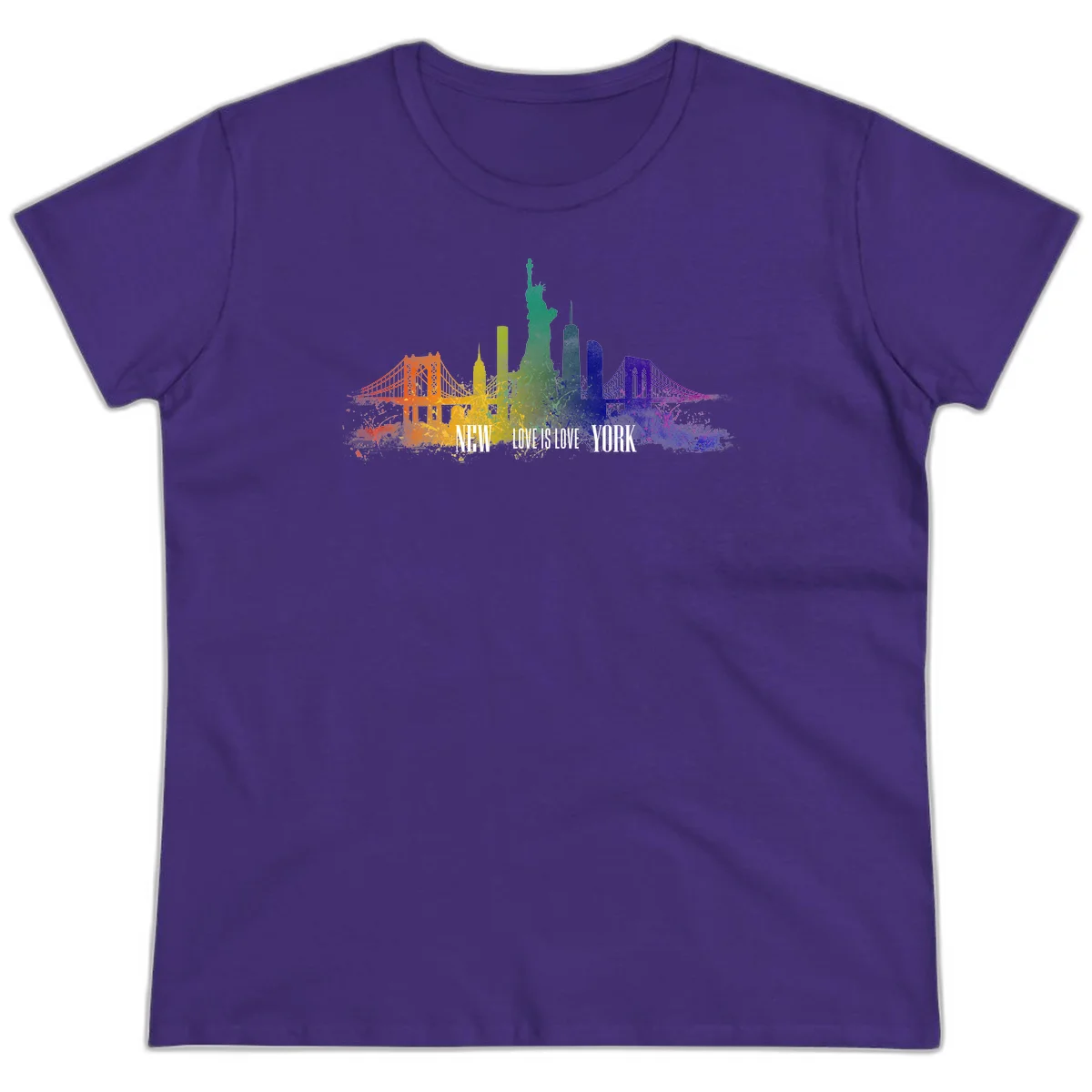 New York skyline with iconic landmarks rendered in rainbow watercolor gradients, featuring 'NEW LOVE IS LOVE YORK' text celebrating LGBTQ+ pride. in Purple