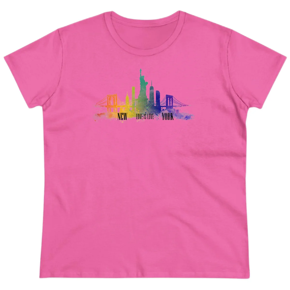 New York skyline with iconic landmarks rendered in rainbow watercolor gradients, featuring 'NEW LOVE IS LOVE YORK' text celebrating LGBTQ+ pride. in Azalea