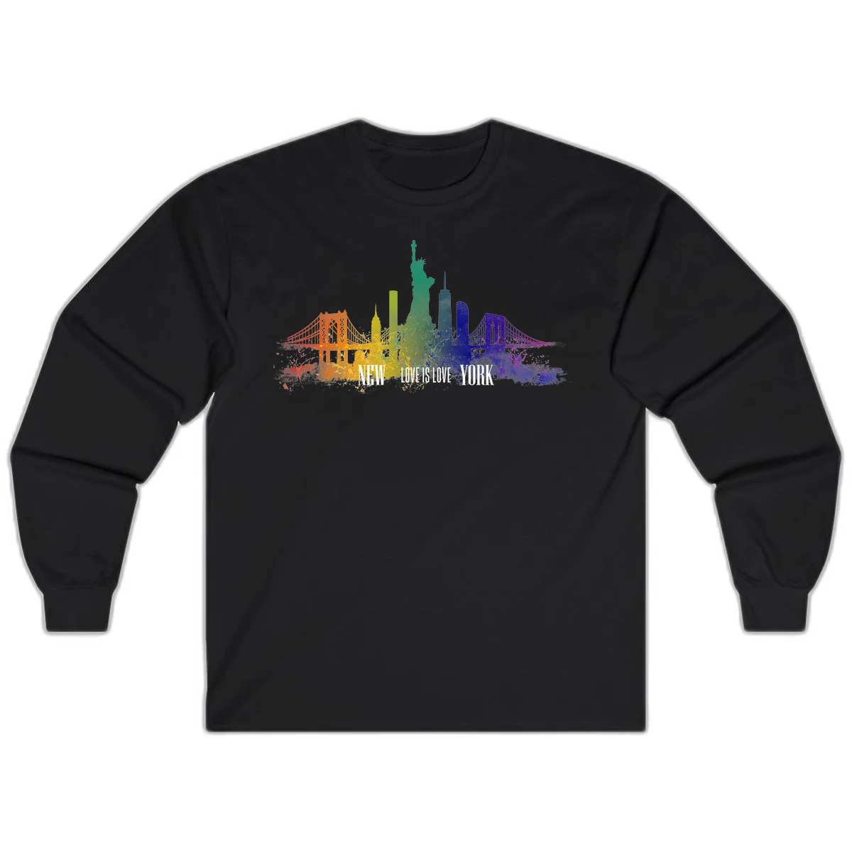 New York skyline with iconic landmarks rendered in rainbow watercolor gradients, featuring 'NEW LOVE IS LOVE YORK' text celebrating LGBTQ+ pride. in Black